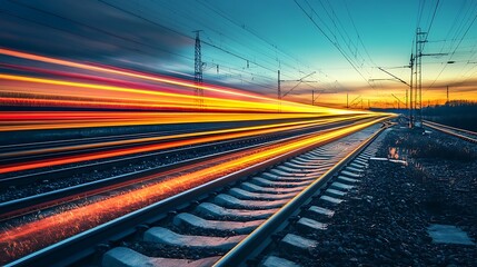 High speed train tracks at sunset. Concept of speed, travel, and transportation.