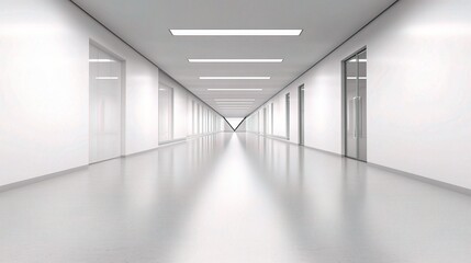Long Empty Corridor with Modern White Walls and Bright Lighting