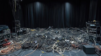 Chaos of Untangled Cables and Wires on Stage Setting in Theater