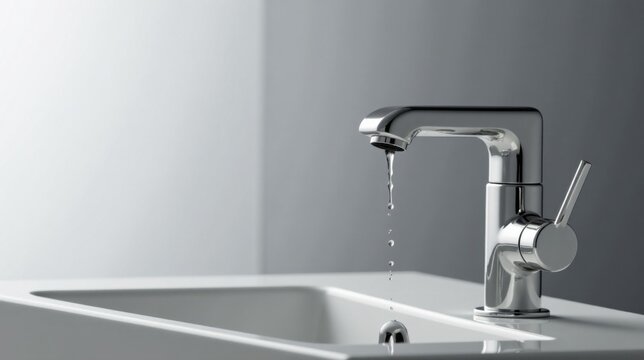 Modern chrome faucet with water dripping into a pristine white sink, minimalist bathroom design