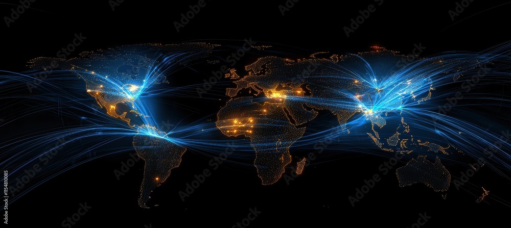 Poster global connectivity concept with digital nodes and glowing paths for technological dependence