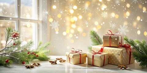 Festive presents nestled by a snowy window with sparkling lights and evergreen boughs.