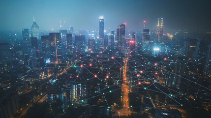 Fototapeta premium Smart digital city with connection cyber security network reciprocity over the cityscape . future smart wireless digital city and social media networking systems that connects people within the city
