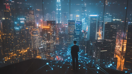 Smart digital city with connection cyber security network reciprocity over the cityscape . future smart wireless digital city and social media networking systems that connects people within the city