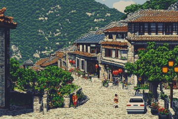Obraz premium A pixel art depiction of a Hmong village with tiny characters dressed in traditional attire, animated lanterns glowing, and terraced rice fields stretching into the distance in an 8-bit retro