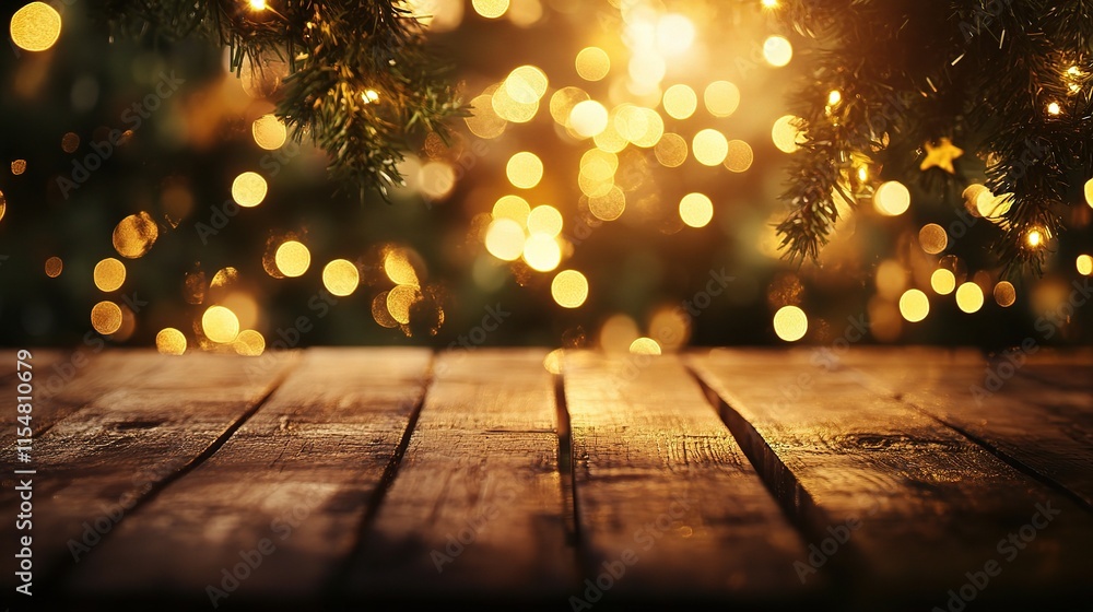 Poster empty wooden table with blurred bokeh lights in restaurant setting