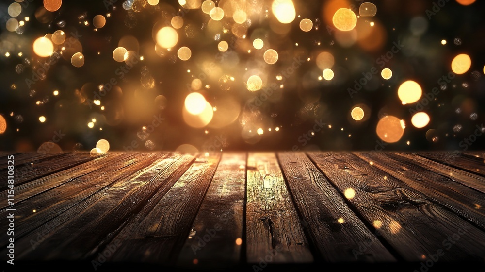 Poster Empty Wooden Table with Blurred Bokeh Lights in Background