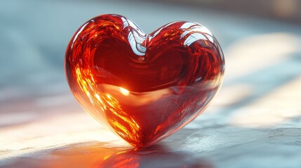 A smooth crimson red 3D-rendered heart with vibrant reflections, glowing softly on a white backdrop