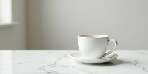 Fototapeta premium A single cup of coffee rests on a pristine white marble surface, bathed in soft, diffused light