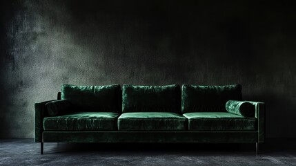Elegant Green Velvet Sofa Against Dark Textured Background