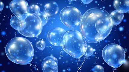 Naklejka premium 73.Celebratory banner template with a vivid blue background filled with realistic blue balloons in soft, transparent layers, creating a sense of depth and floating movement, ideal for adding a