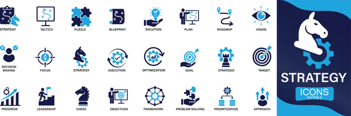  Strategy icon set. goal, tactics, vision, plan, objective, roadmap, problem-solving, mission, solution You can easily change the color