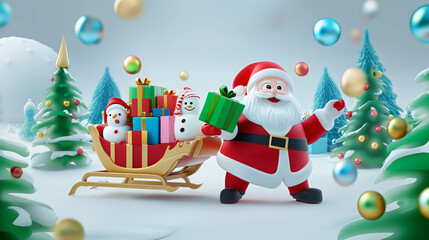 poster design, illustration of Santa Claus holding a green present in his hand with a happy expression and smiling face, standing next to a sleigh full of gift boxes. 