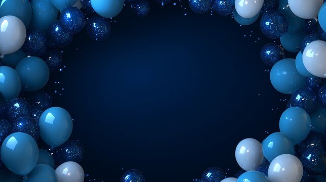 82.A birthday celebration template with a deep blue backdrop and clusters of blue balloons in varying shades and sizes, with realistic highlights and reflections, creating a lively and sophisticated
