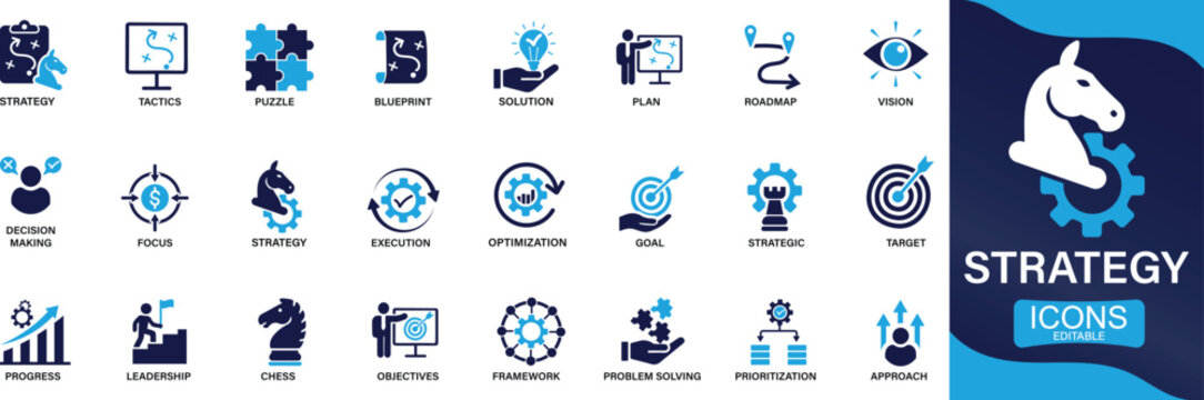  Strategy icon set. goal, tactics, vision, plan, objective, roadmap, problem-solving, mission, solution You can easily change the color