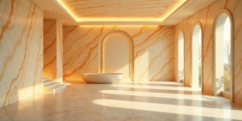 Fototapeta premium Serene Sanctuary Sunlit Interior with Freestanding Tub and Marble Walls