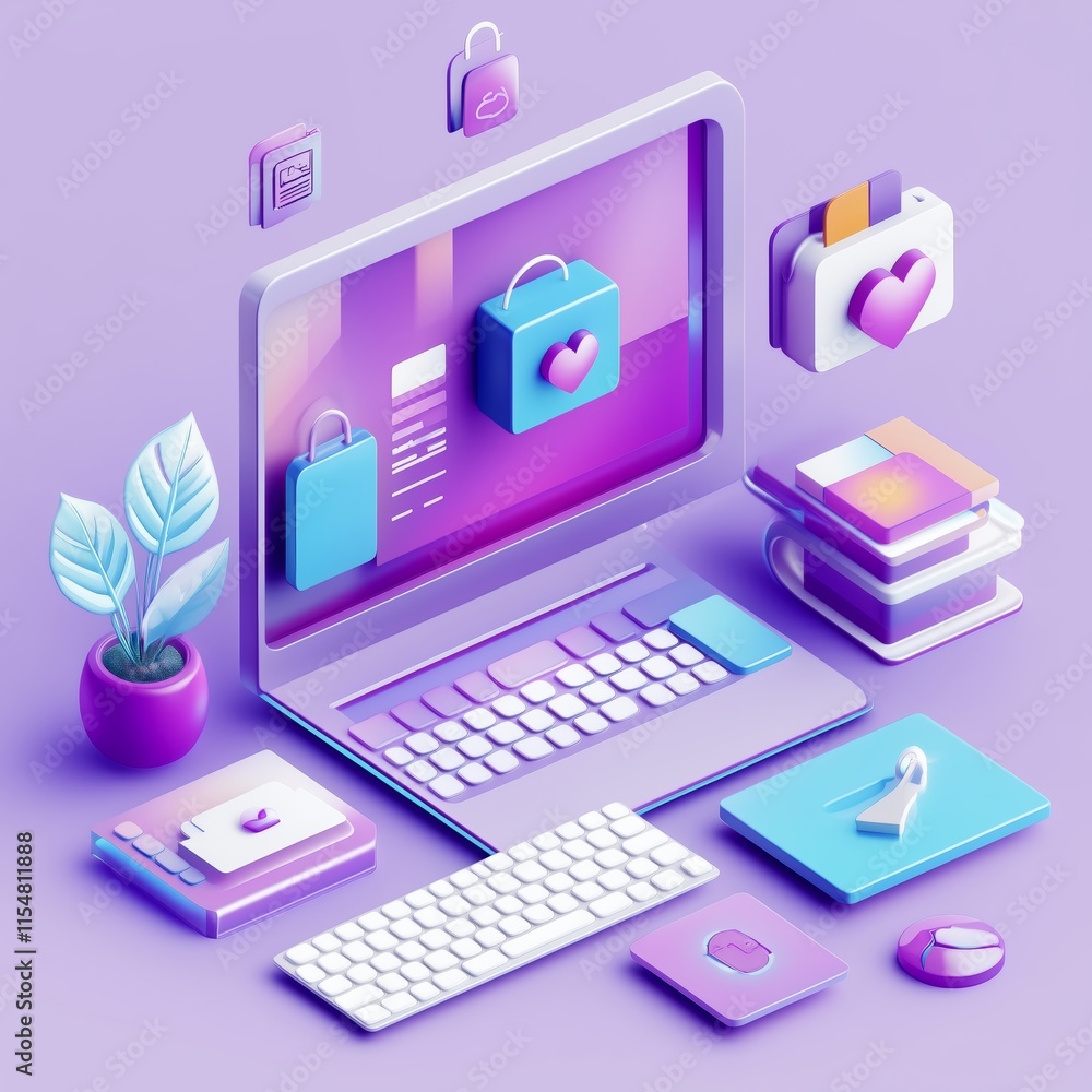 Fototapete digital workspace with colorful graphics and tech items in a modern design aesthetic