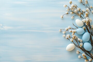Pastelcolored Easter eggs with delicate pussy willow branches against a blue backdrop evoke the joy of Easter, reminding us of cherished family gatherings and vibrant festive traditions