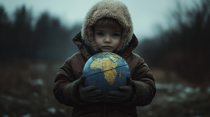 Fototapeta premium child in winter coat and gloves holds globe, symbolizing hope and care for Earth, set against moody outdoor background