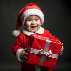 cute little boy wearing senta s cloth holding red gift box  against dark background