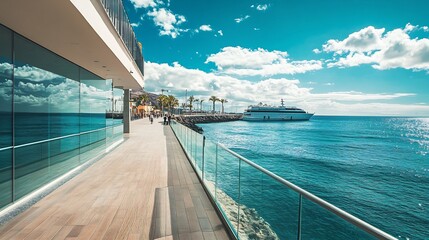 Stunning Oceanfront Promenade with Yacht and Palm Trees in Canary Islands