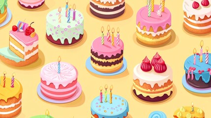 12.A charming collection of colorful birthday cakes with various layers, frosting designs, and playful candle details; the seamless vector layout brings a joyful and festive feel, suitable for party