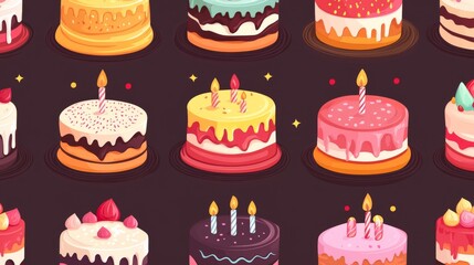 12.A charming collection of colorful birthday cakes with various layers, frosting designs, and playful candle details; the seamless vector layout brings a joyful and festive feel, suitable for party