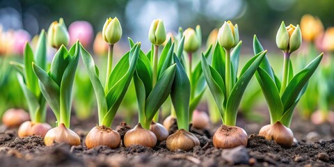 A vibrant row of young tulip plants sprouting from bulbs in rich soil, their bright green leaves reaching for sunlight.