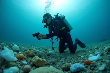 A diver documenting the impact of plastic pollution on marine life