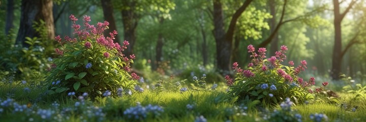 Obraz premium Spring forest landscape with a blueberry bush in full bloom amidst the greenery, blueberry flower blooming, blossoming, floral