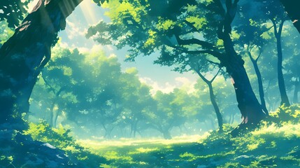 Anime-style scenic forest with vibrant green trees, peaceful ambiance