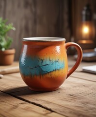 Stone-shaped ceramic mug on a rustic wooden desk, rustic, desk
