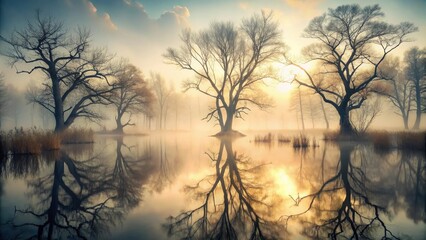 Fototapeta premium Serene Dawn Misty River Reflects Bare Trees in Golden Sunlight