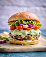 Juicy Beef Burger with Guacamole. Tomatoes. and Red Onion
