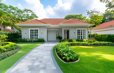 Modern residential architecture showcases a luxurious home with a lush green lawn, mature trees, and a breathtaking view in a serene suburban neighborhood
