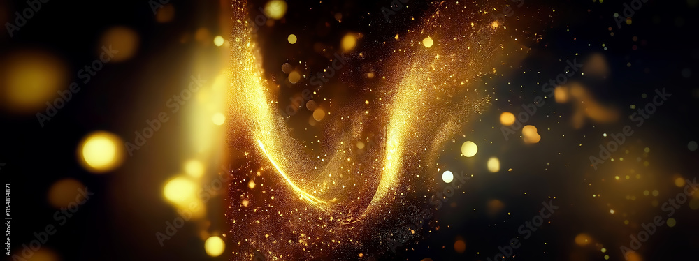Poster abstract gold bokeh background. glowing particles and lines.