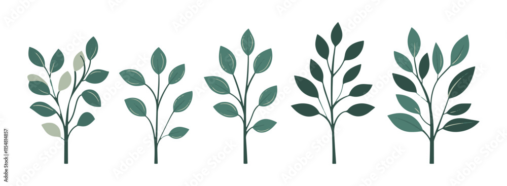 Wall mural set of tree and leaf collection hand drawn flat design vector element. botanical set of bare trees a