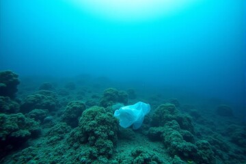 Fototapeta premium Plastic waste trapped in coral reefs underwater