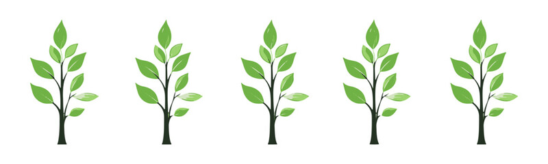 Set of tree and leaf collection hand drawn flat design vector element. botanical set of bare trees and ones with leaves and lush green