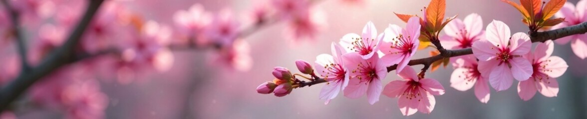 Tree branches laden with pink blossoms and leaves, blossoms, flowers
