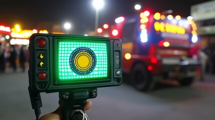 Handheld device displaying a circular pattern, with a blurred emergency vehicle in the background at night.