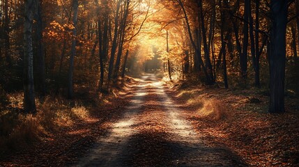 Fototapeta premium Autumn Forest Path, Sunlight, Tranquil, Nature, Fall