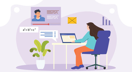 An engaging illustration of a student attentively watching a virtual lecture, with digital learning icons.