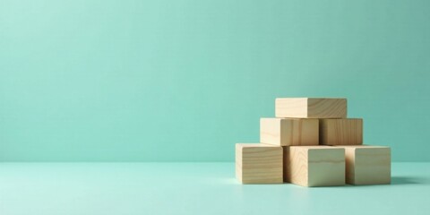 Obraz premium Simple Wooden Blocks Arranged in a Stack on a Light Green Surface