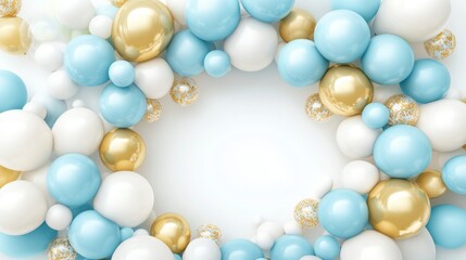 121.Detailed 3D illustration of a pastel blue, white, and gold balloon garland arch, with each balloon arranged to form a soft frame around a circular white space in the center, creating an elegant