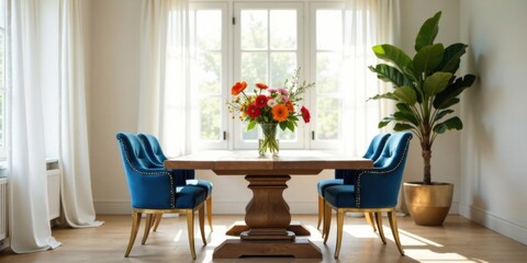 Sunlit Dining Room with Vibrant Floral Arrangement and Elegant Blue Upholstered Chairs