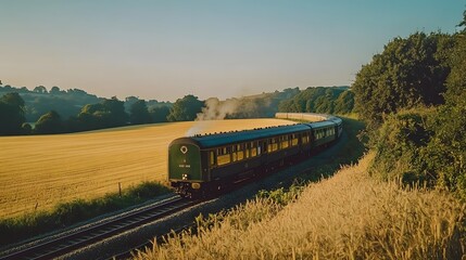 Vintage train journey through golden fields countryside photography sunrise scenic view nostalgia