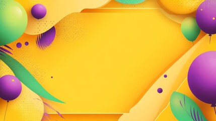 66.A modern birthday greeting template with a sunny yellow background, decorated with balloon elements in shades of purple, green, and yellow around the top and bottom, leaving the center clear for