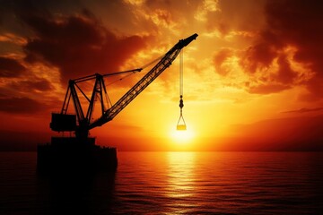 Obraz premium Crane Silhouette Against Fiery Sunset Over Ocean
