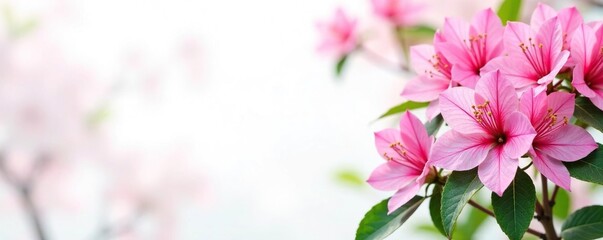 Fototapeta premium White background with pink azalea flowers and green foliage, pink, flower
